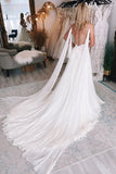 Ivory A Line Watteau Train Boho Long Chiffon Wedding Dress with Lace