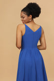 Royal Blue A Line Spaghetti Straps Long Chiffon Bridesmaid Dress with Ruffles