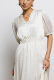 V Neck Satin Midi Dress in Cream