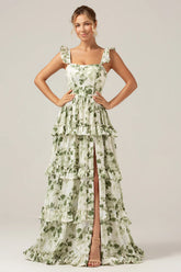 Green Flower A Line Printed Tiered Long Bridesmaid Dress With Slit