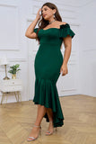 Dark Green Mermaid Off the Shoulder Short Sleeves Plus Size Evening Dress With Ruffles