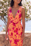Orange Pleated V Neck Floral Wedding Guest Dress