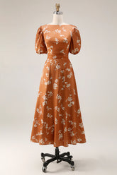 Orange Floral Printed A Line Midi Wedding Guest Dress with Short Sleeves