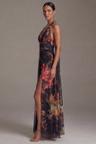 Halter Black A Line Printed Formal Dress with Slit