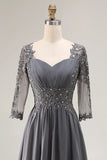 Steel Grey Appliqued A Line Half Sleeves Mother Of The Bride Dress with Back Keyhole
