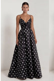 Black White Polka Dot Ruched A Line Long Formal Dress