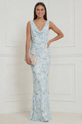 Floral Printed Blue White V Neck Mermaid Long Bridesmaid Dress