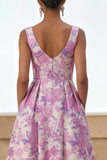 Lilac Flower A Line Scoop Neck Midi Wedding Guest Dress