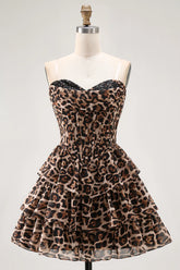 Brown Leopard Strapless Ruffled A Line Corset Mini Homecoming Dress