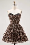 Brown Leopard Strapless Ruffled A Line Corset Mini Homecoming Dress
