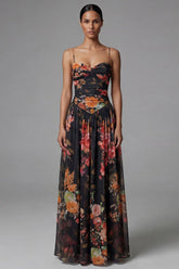Black A Line Printed Ruched Long Formal Dress