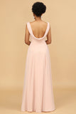 A Line V Neck Backless Chiffon Long Bridesmaid Dress