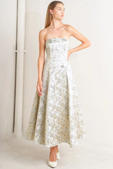 WHITE GOLD JACQUARD STRAPLESS MIDI DRESS