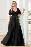Black A Line V Neck Long Prom Dress with Sequins