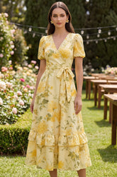 Floral V Neck Yellow Ruffled Wedding Guest Dress with Sash