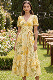 Floral V Neck Yellow Ruffled Wedding Guest Dress with Sash