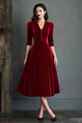 Burgundy A Line V Neck Velvet Midi Work Dress with Half Sleeves