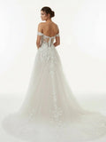 A line Lace Beach Wedding Dress with Off Shoulder Tulle Appliques
