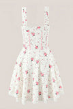 White Warm Rose Print Cotton Mini Dress