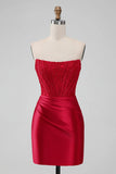 Sparkly Red Bodycon Strapless Pleated Corset Short Homecoming Dress With Beading