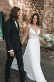 Boho A Line V Neck Chiffon Wedding Dresses with Appliques