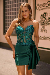 Sparkly Bodycon Strapless Dark Green Corset Sequins Homecoming Dress with Streamer