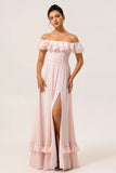 Blush A Line Off the Shoulder Ruffle Corset Plus Size Bridesmaid Dress with Rosette