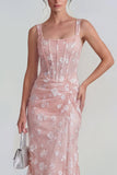 Floral Pink Ruched Mermaid Corset Wedding Guest Dress