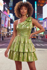 Green One Shoulder Metallic A Line Tiered Short Homecoming Dress