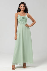 Dusty Sage A Line Spaghetti Straps Embroidered Chiffon Bridesmaid Dress