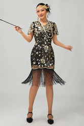 Sparkly Black Golden Gatsby Sequins Short 1920s Dress with Fringes