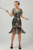 Sparkly Black Golden Gatsby Sequins Short 1920s Dress with Fringes