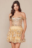 BRENNA MINI DRESS GOLD OFF SHOULDER TIERED SHORT DRESS