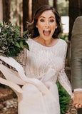 Beach Gorgeous Lace A Line Appliqued Open Back Wedding Dress With Long Sleeves
