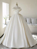 Simple A line Off The Shoulder Satin ivory Long Wedding Dress