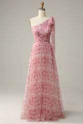 Red A Line One Shoulder Floor Length Print Tulle Bridesmaid Dress
