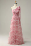 Red A Line One Shoulder Floor Length Print Tulle Bridesmaid Dress