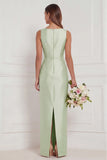 Sage Green Sheath Bateau Neck Satin Bridesmaid Dress