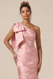 Blush Pink Mermaid One Shoulder Floral Long Bridesmaid Dress with Bow
