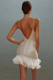Sparkly White V Neck Sequins Mini Graduation Dress With Ruffles