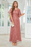 Elegant A Line Round Neck Floor Length Lace Dusty Rose Evening Dress