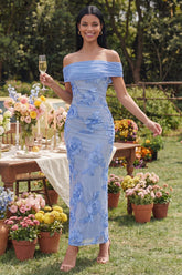 Blue Off the Shoulder Mermaid Floral Wedding Guest Dress