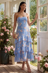 Floral Blue Strapless Tiered A Line Wedding Guest Dress