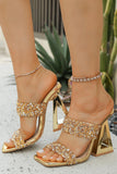 Gold Rhinestone Embellished Block Heel Sandals