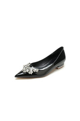 Elegant Black Pointed Toe Flats with a Crystal Ornament