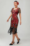Gatsby Black Red Scoop Fringed Bodycon1920s Dress with Sequins