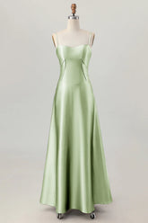 Dusty Sage A Line Spaghetti Straps Satin Long Bridesmaid Dress with Lace Up Back
