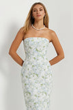 Strapless Sheath Print Long Blue White Floral Satin Dress with Bow