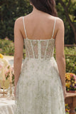 Light Green Floral Corset A Line Midi Wedding Guest Dress