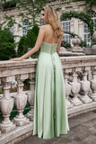 A Line Strapless Pleated Hollow Out Long Green Bridesmaid Dress With Slit